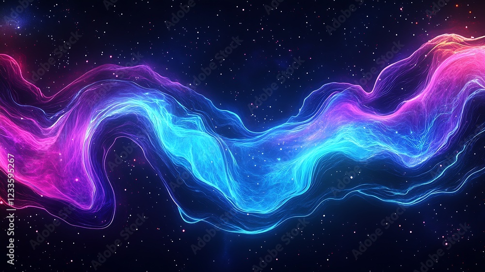 Poster flowing neon light waves in starry cosmic universe abstract digital cosmic art : generative ai