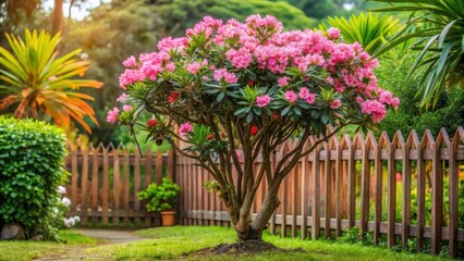 Obraz premium A delicate pink tropical flower bush with a small wooden fence in the background, surrounded by lush greenery and a single isolated tree , fence, natural beauty