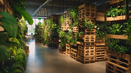 Fototapeta premium A vertical garden setup using recycled wooden pallets in a stylish interior.
