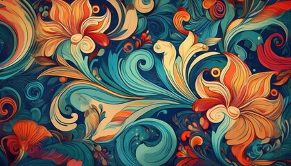 Vintage Floral Pattern Swirls on Retro Wallpaper A Vibrant Blend of Colors and Textures Capturing a Timeless Floral Theme