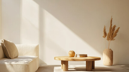 Minimalist living room featuring eco friendly decor, wooden coffee table, and natural elements. soft light creates serene atmosphere, perfect for relaxation