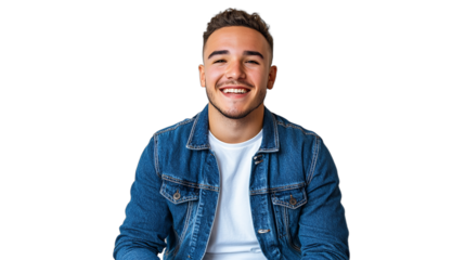 a young man in a white shirt and blue denim jacket poses for a portrait against a transparent background, PNG image, PNG file, Generative art.