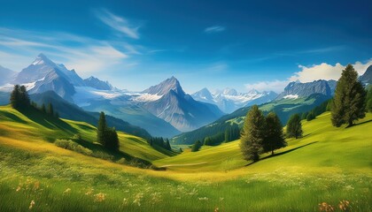 Stunning Swiss Alps Landscape with Lush Forest Valleys and Meadows Countryside in Switzerland at Dusk