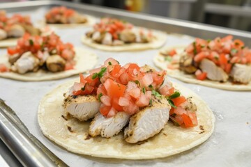 Delicious grilled chicken tacos topped with fresh pico de gallo, presenting a mouth-watering and vibrant meal for taco lovers captured in a commercial kitchen setting