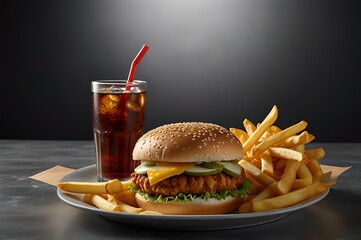 meal combo with a fried chicken burger, crispy fries, and a fizzy cola, shot in bright studio lighting