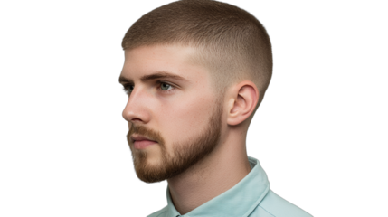 a portrait of a young man with a beard and shaved head in a blue shirt on a transparent background, PNG image, PNG file, Generative art.