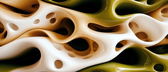 Abstract 3D Render  Green  Beige  White Fluid Forms