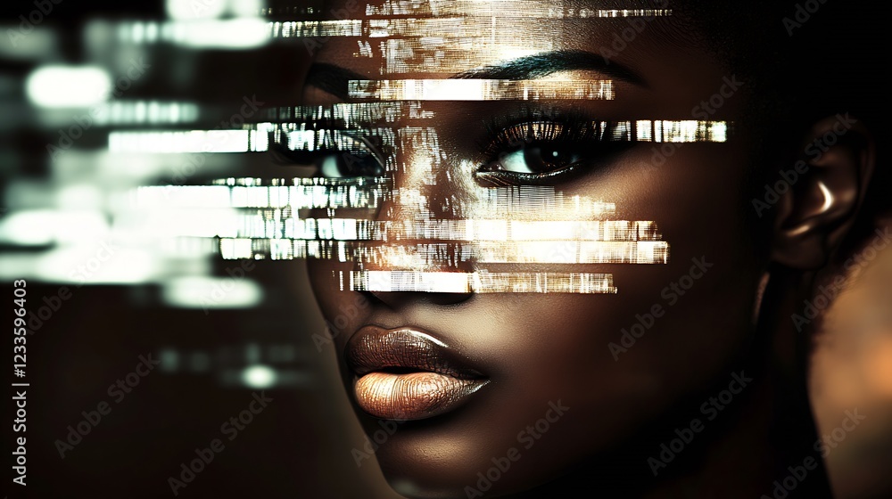 Poster abstract cybernetic art with female portrait and glitch effect in dark artistic setting : generative