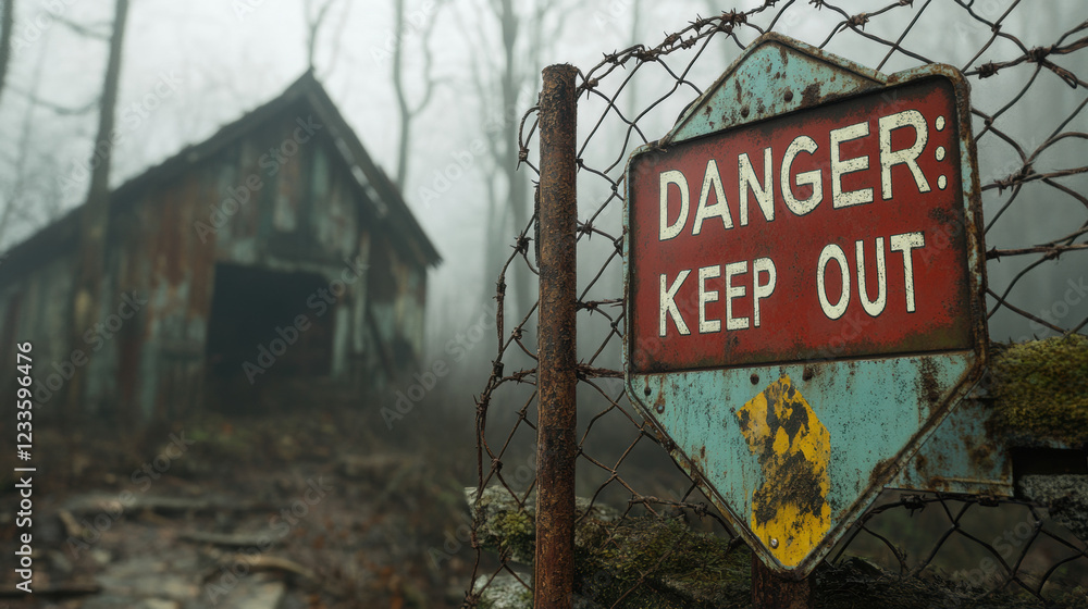 Poster warning sign, a high-fidelity image of a rusty warning sign displaying the word 