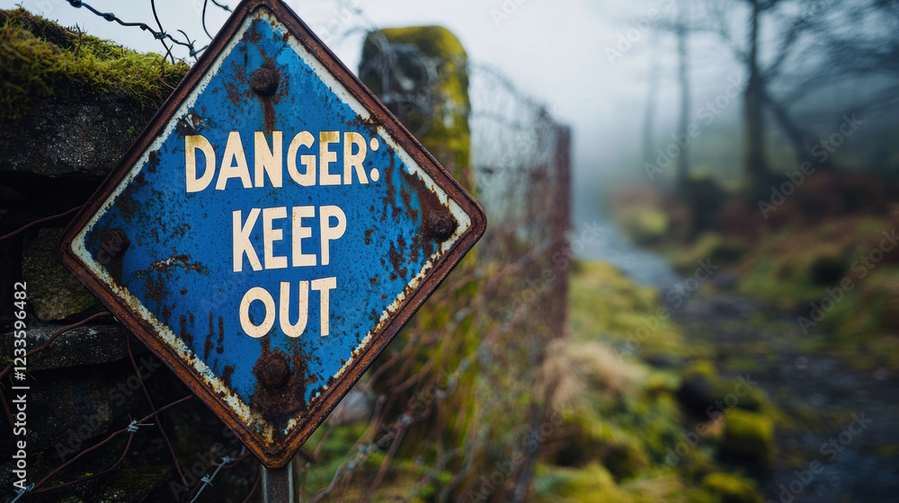 Poster warning sign, a high-fidelity image of a rusty warning sign featuring the word 