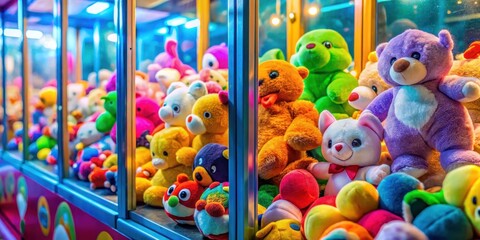 Vibrant plush toys spill out of an arcade claw machine , vibrant, toys,  vibrant, toys, excitement, plush, fun, carnival