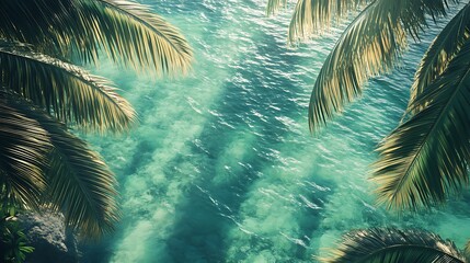 A serene view of turquoise waters framed by lush palm leaves.