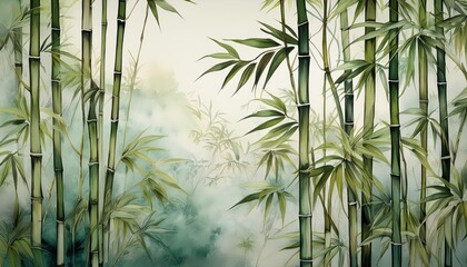 Vibrant Tropical Bamboo Mural Watercolor Artistry Evoking a Lush, Exotic Jungle Atmosphere Ideal for Home Decor or TropicalThemed Spaces.
