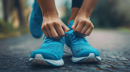 a close-up of a young woman's hands tying the laces of running shoes, symbolizing determination and health, soft natural lighting