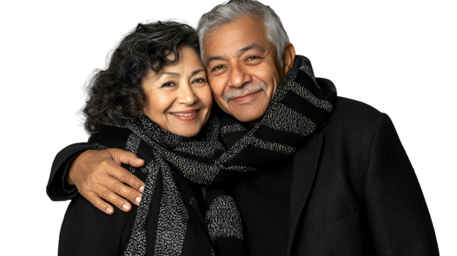 a photo of an older couple posing for a picture, the man embracing the woman PNG image, PNG file, Generative art.