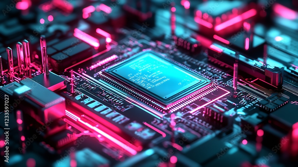 Poster Close Up of Neon Blue Circuit Board with Microchip and Detailed Components : Generative AI