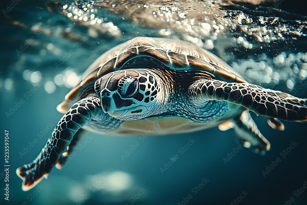 Poster wildlife photography of an amicable sea turtle floating effortlessly under the sunny ocean waves : g
