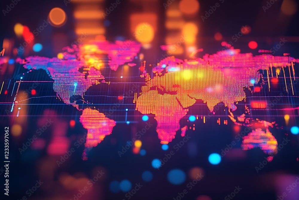 Aufkleber High-tech bright world map infused with neon lights showing international networking : Generative AI