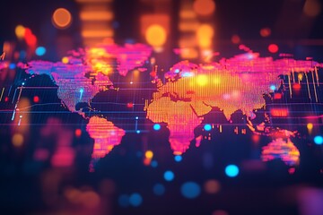 High-tech bright world map infused with neon lights showing international networking : Generative AI