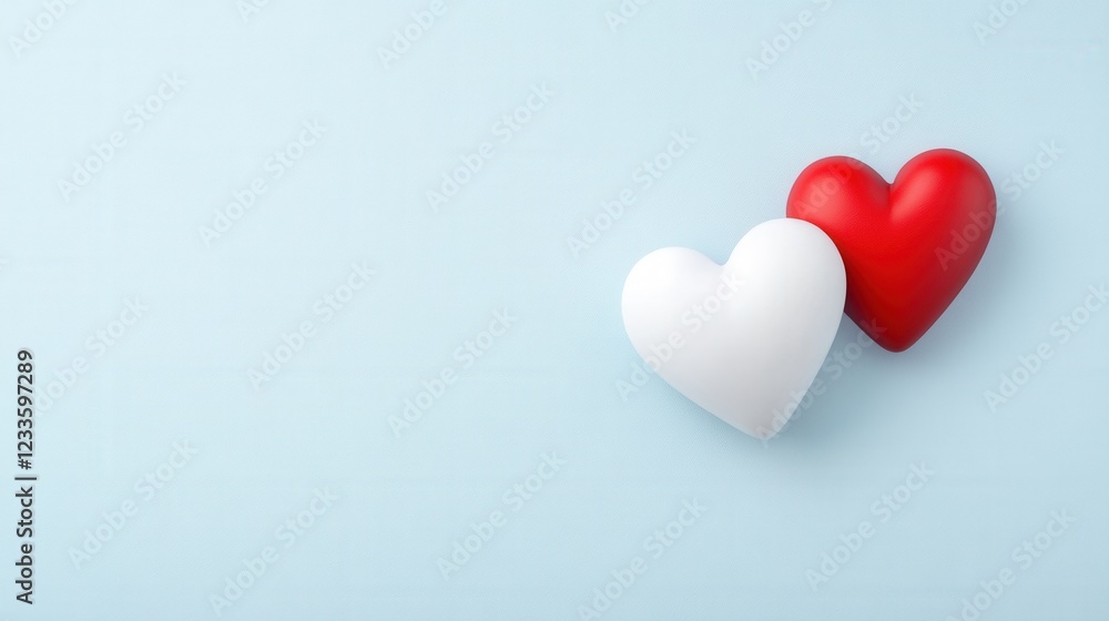Poster two colorful heart shapes on soft blue background symbolizing love and affection in a minimalist sty