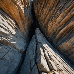 A dramatic rock mountain with deep crevices and sharp shadows, enhanced by a white background.