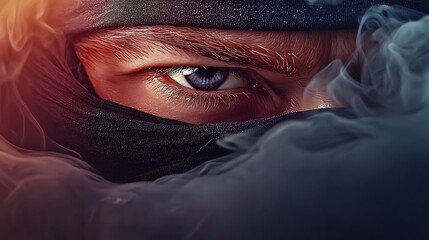 Naklejka premium Intense gaze of a masked warrior amidst swirling smoke, evoking mystery and stealth