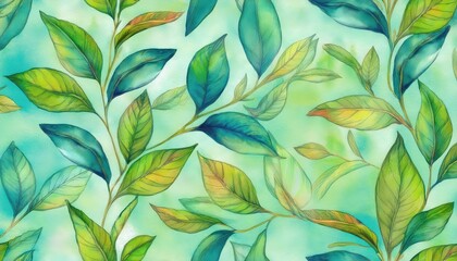 Vibrant Watercolor Artwork Showcasing a Detailed, Seamless Pattern of Tea Leaves, Set against a Soothing and Relaxing Ambiance for Digital Art, Home Decor, or Design Inspiration.