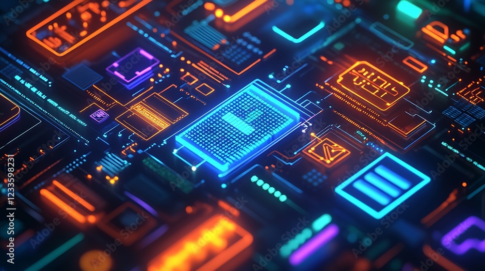 Aufkleber Advanced Neon Circuitry with Dynamic Digital Patterns and Microchip Elements : Generative AI