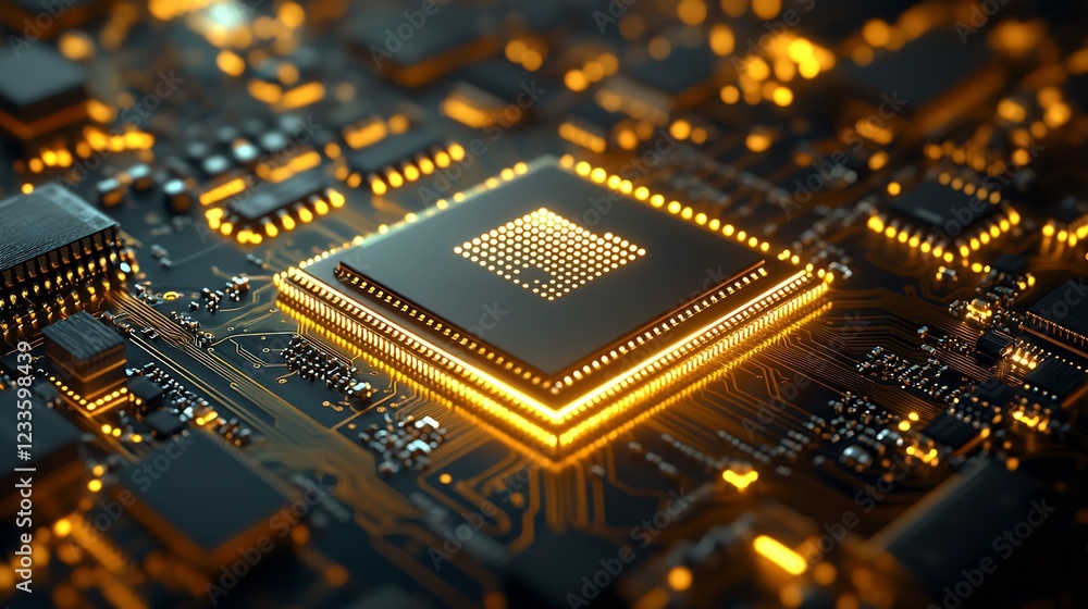 Leinwandbilder glistening gold microprocessor embedded in circuit board innovation : generative ai