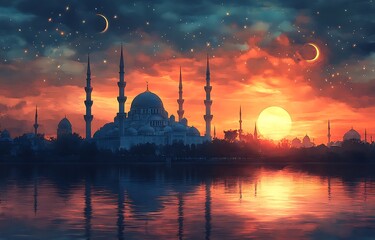 Fototapeta premium Mosque silhouette against a vibrant sunset reflecting in water with stars and crescent moons in the sky