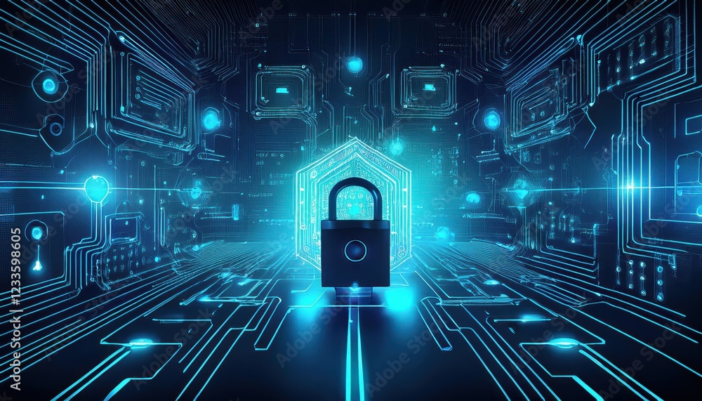 Poster futuristic cyber security guard protecting digital frontiers in a hightech world, set against a neon