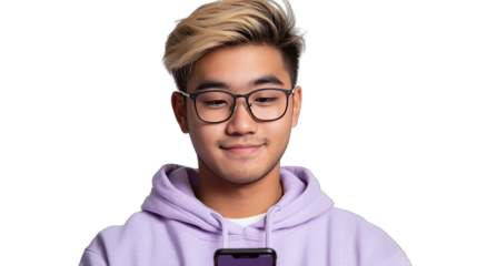 a young man wearing glasses and a purple sweater looks at his cellphone while standing in front of a transparent background, PNG image, PNG file, Generative art.