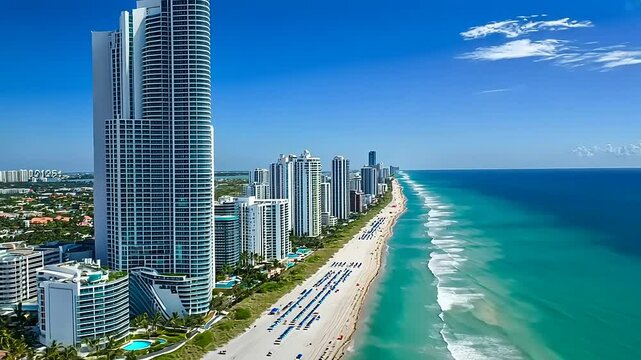 Aerial view of a vibrant beachside city with towering skyscrapers and a clear blue ocean