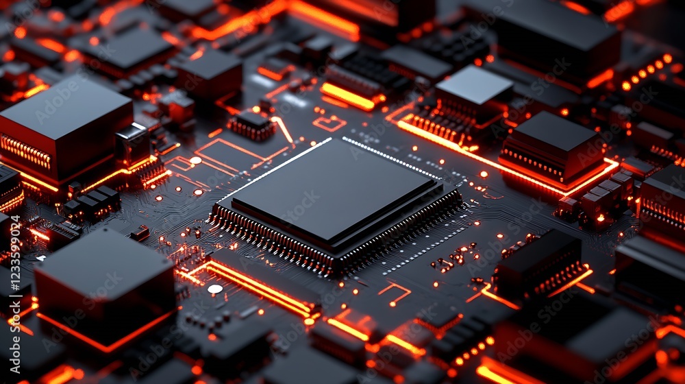 Fototapete Close-Up View of a Red-Illuminated Microchip on a High-Tech Board : Generative AI
