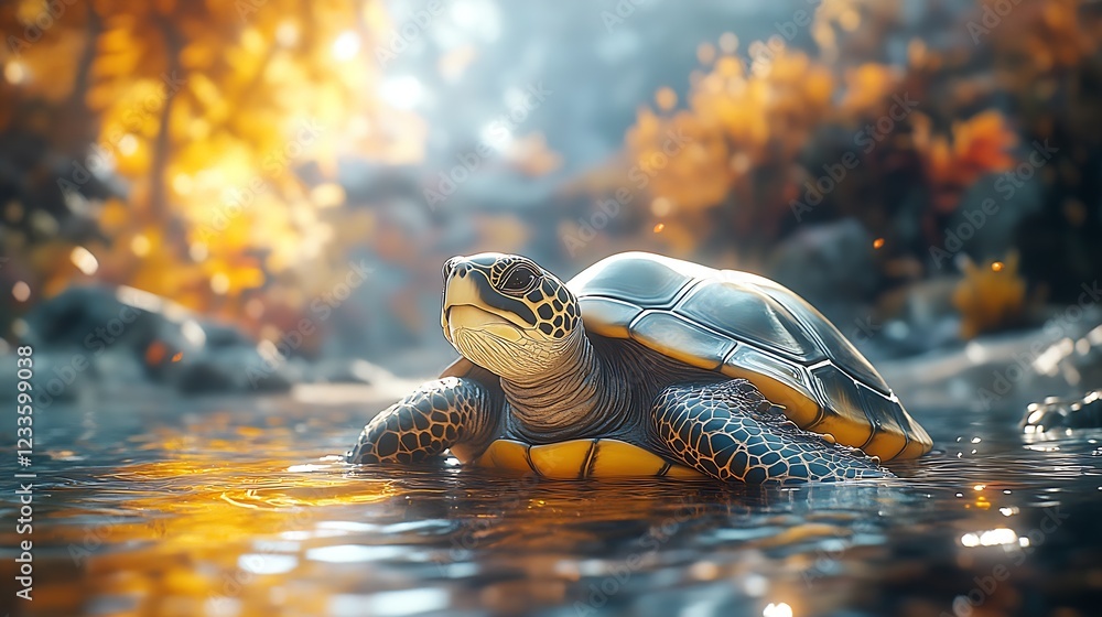 Poster turtle resting calmly amidst rich autumn colors in nature : generative ai