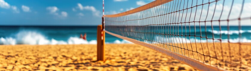 Beach Volleyball Net with Ocean Waves in the Background - Perfect Summer Sport Scene