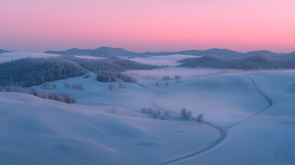 Fototapeta premium Winter sunrise over snow-covered hills, winding road, foggy valley