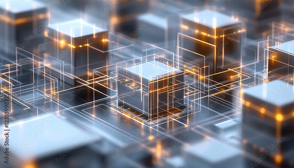 Aufkleber Complex Digital Interface Showing 3D Cubes and Glowing Technological Network Grid : Generative AI