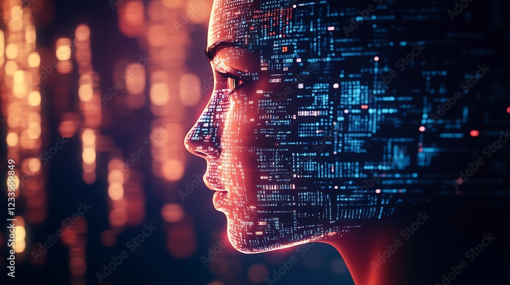 Poster profile of a woman with digital interface lights and cyberspace theme : generative ai