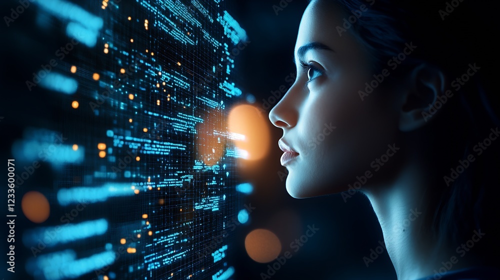 Aufkleber Advanced Technology and AI with Futuristic Face Analyzing a Digital Display : Generative AI