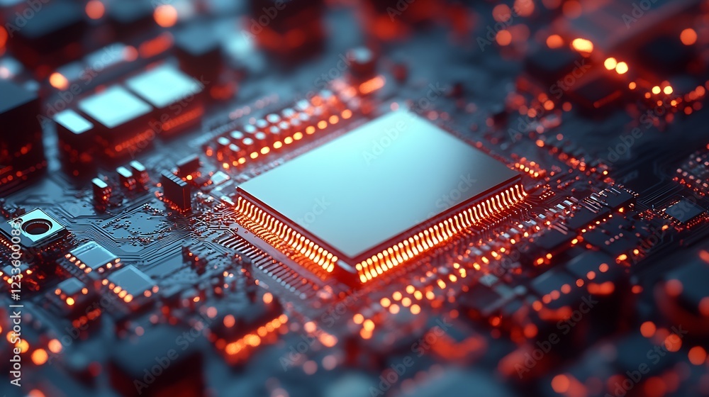 Poster Advanced microprocessor on detailed circuit board with glowing elements in tech innovation scene : Generative AI