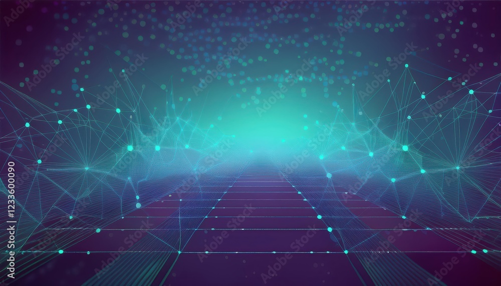 Poster futuristic technology network illuminated in a neonlit metropolis at dusk, showcasing an intricate w