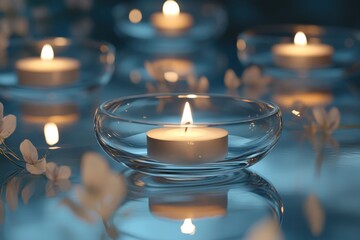 A serene arrangement of floating candles in clear glass bowls, surrounded by soft reflections and warm ambient lighting.