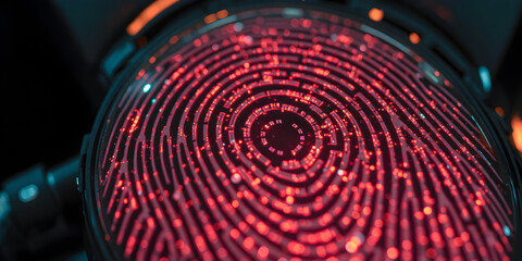A close-up of a robot's fingerprint scanner, its ridges forming an intricate digital map of a neon city