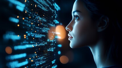 Advanced Technology and AI with Futuristic Face Analyzing a Digital Display : Generative AI