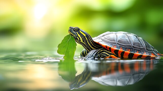 Captivating Close-Up of Painted Turtle in Green Water Holding Leaf with Reflection : Generative AI