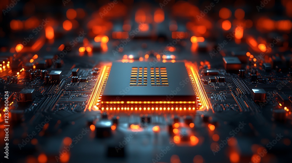 Poster detailed electronic circuit board with central microchip and radiant orange highlights : generative 