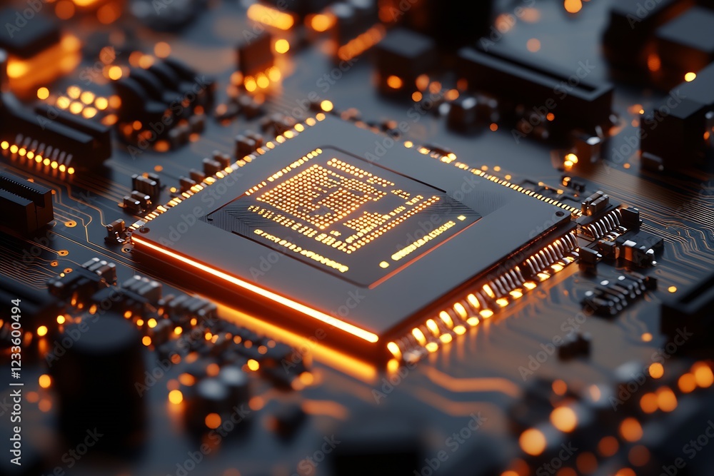 Poster Advanced Microchip Design on Circuit Board with Luminous Connectivity : Generative AI