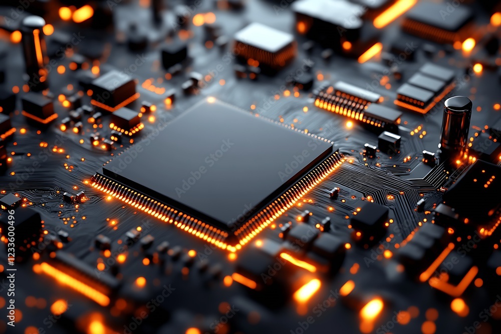 Poster Advanced Microchip with Orange Circuits in Futuristic Technology Concept : Generative AI