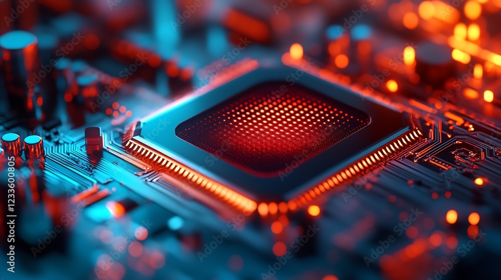 Fototapete digital chip technology on high tech circuit board visualization : generative ai
